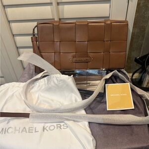 Michael Kors Tan‎ Woven Leather Vivian Crossbody or clutch Bag New
